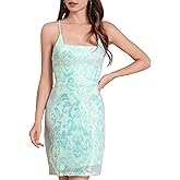OBEEII Women's Sequins Bodycon Mini Dress Spaghetti Straps Floral Glitter Party Dress Night Club Teen Homecoming Dress
