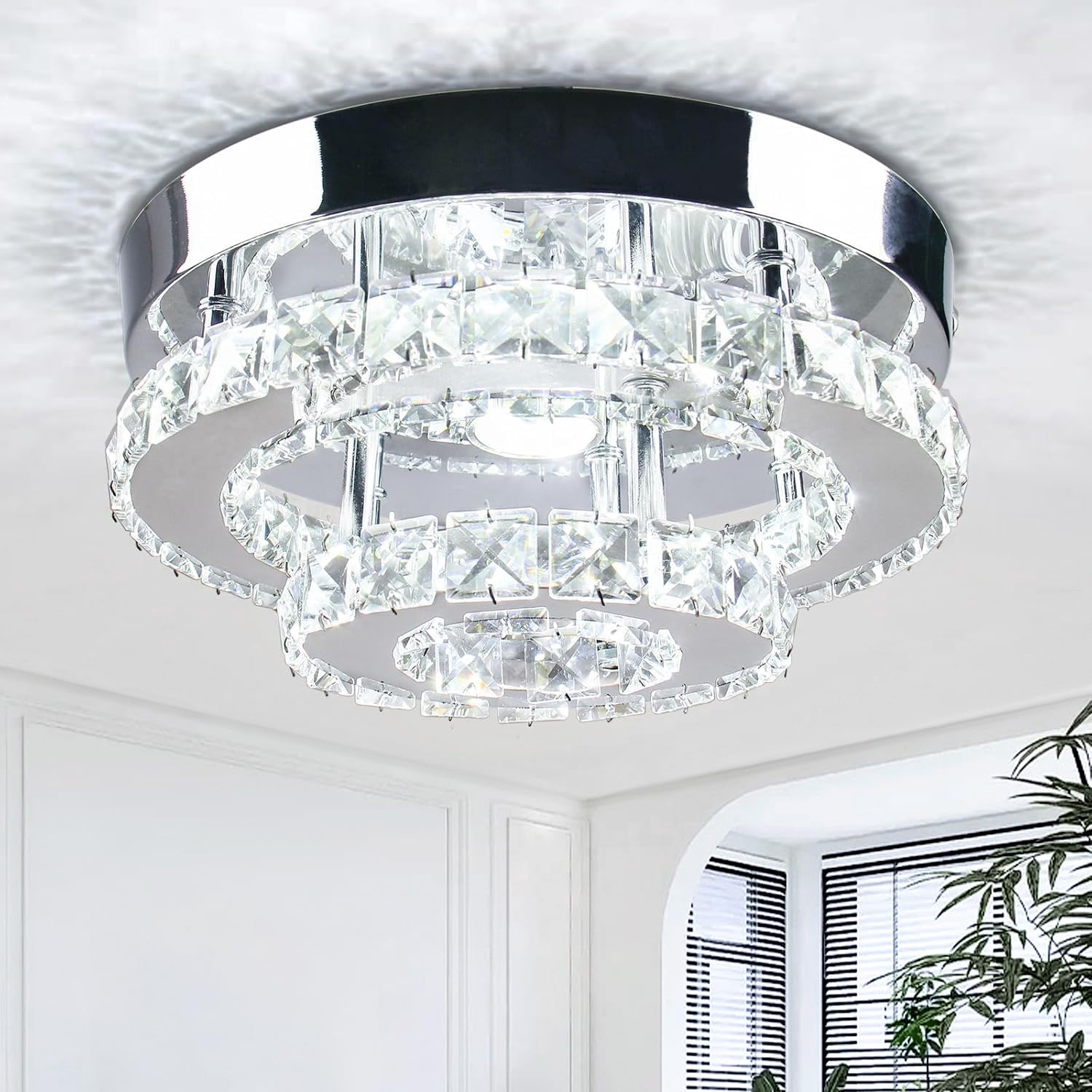 Crystal Ceiling Light Modern Flush Mount Double Round LED Ceiling Lamp K9 Crystals Stainless Steel Ceiling Lights Fixture Chandelier for Living Room Bedroom Dining Room(Cool White) ﻿