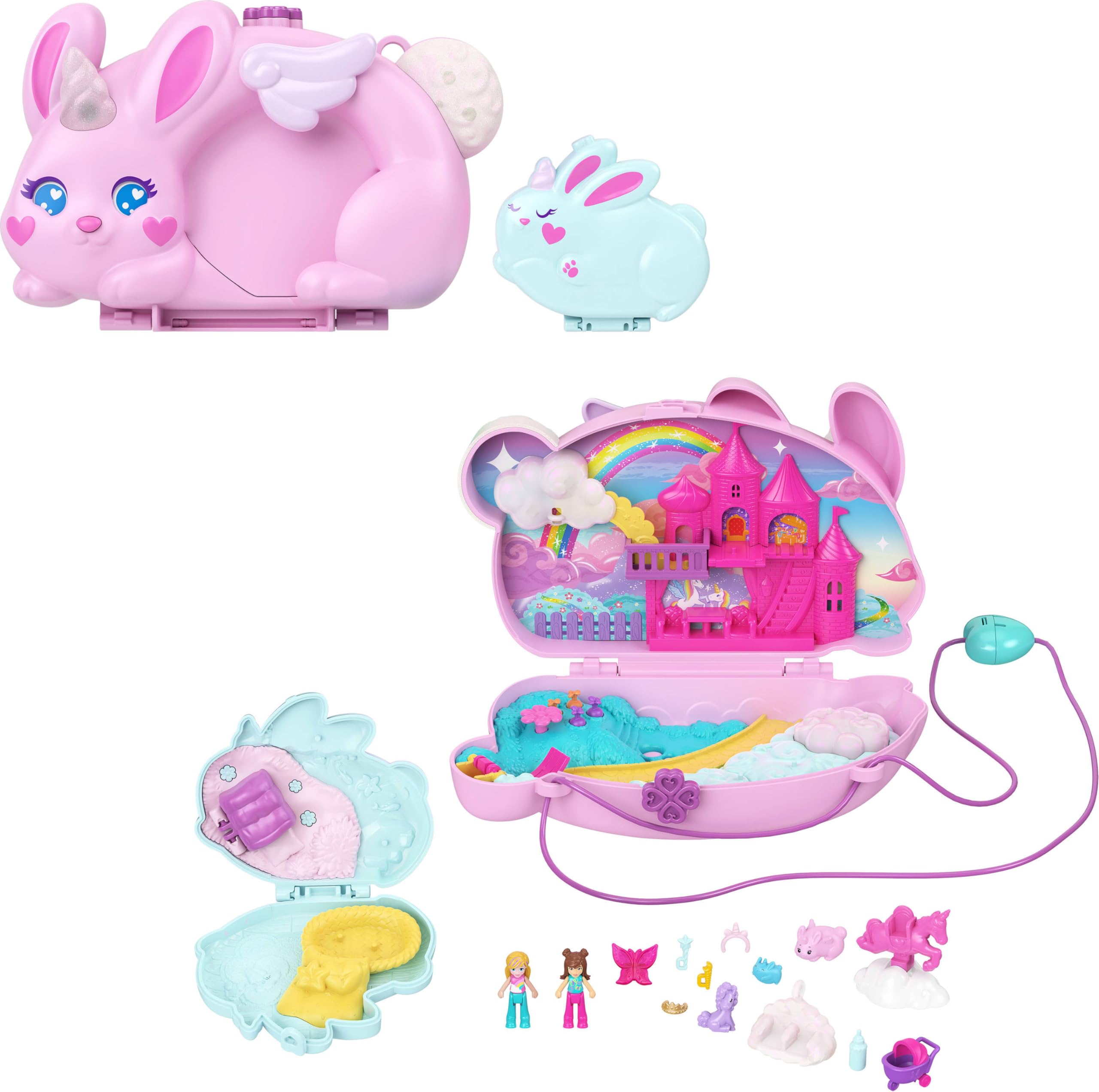 Polly Pocket Wearable Travel Toy with 2 Micro Dolls and 12 Accessories Including Pets, 2-in-1 Bunny Fun Compact Purse Playset with Bunny Unicorn Theme, JFT88