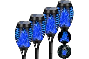 AOUNQ 4 Pack Solar Torch Lights Outdoor Waterproof - Blue Flickering Flame, Outdoor Solar Garden Lights for Yard, Tiki Torches for Outside Patio Pathway Decorations