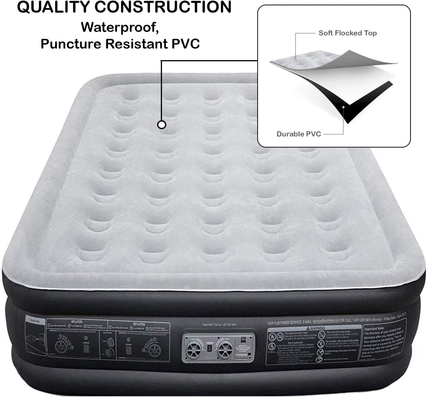 EZ INFLATE Luxury Double High Queen air Mattress with Built in Pump, Queen Size, Inflatable Mattress for Home Camping Travel, Luxury Blow up Bed at a, 2 Year Warranty: Kitchen & Dining
