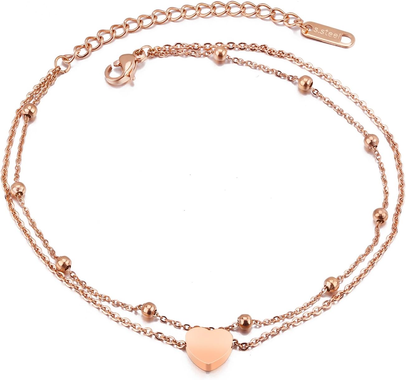 Ilove EU Stainless Steel Anklet Chain Ankle Bracelet Foot Chain Bracelet Rose Gold Double Heart Ladies Adjustable Elegant Ball Bead Charm
