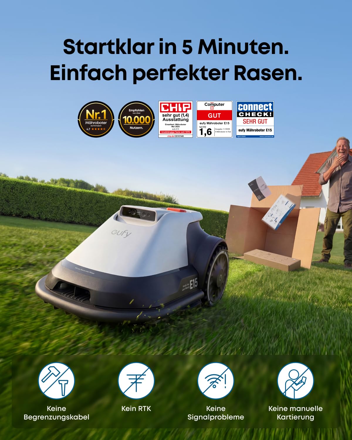 eufy E15 Mähroboter ohne Begrenzungskabel, Keine Signalausfälle, Kein RTK, TrueVision Technologie, Garten bis 800m², Smart-Navigation, Präzisionsrandschnitt, Hindernisvermeidung, App-Steuerung 2