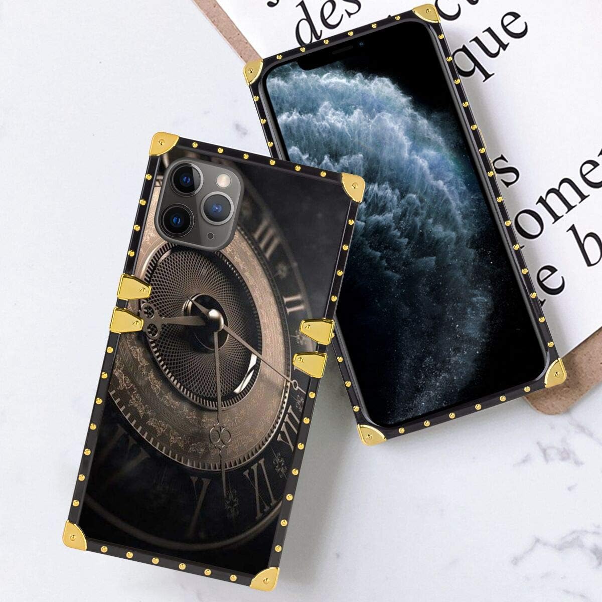 hfijgsj Square Case for iPhone 11 Pro Max 6.5 Inch 2019, Clock Fashion Slim Soft Shockproof Design Metal Decorative Full Protective Phone Case