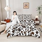 Homewish Cow Print Comforter Set Queen Size Brown and White Cow Fur Bedding Set 3pcs for Kids Boys Teens Room Decor, Farm Animal Print Quilt Set Cowhide Duvet Insert with 2 Pillowcases