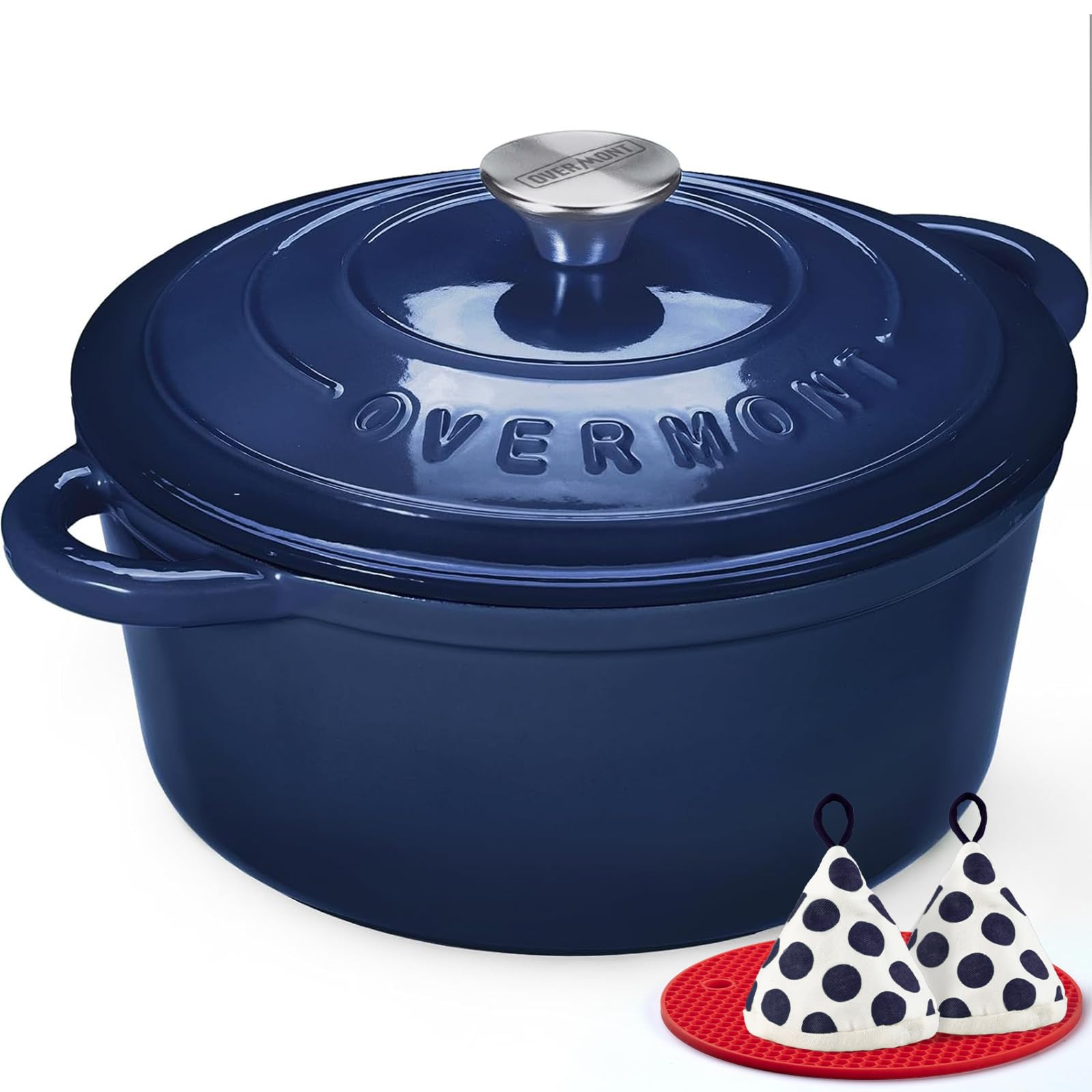 Overmont Enameled Cast Iron Dutch Oven - 5.5QT Pot with Lid Cookbook & Cotton Potholders - Heavy-Duty Cookware for Braising, Stews, Roasting, Bread Baking Indigo Blue Image