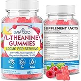 BVIVLOO L-Theanine Gummies with L-Theanine 400 mg, Ashwagandha, GABA, 5-HTP, Magnesium Glycinate for Calm, ZZZ & Relaxation Support - Vegan, Raspberry Flavor, 60 Count