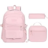 Phaoullzon Teen Girls School Backpack with Lunch Box for Boys, College Aesthetic Laptop Bookbag for Women,Pink