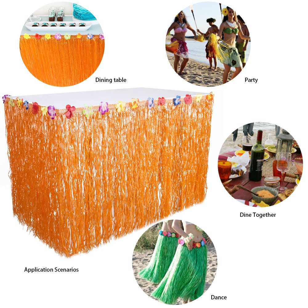 Grass Table Skirt Halloween - 110 x 29 Inches Luau String Hibiscus Leis Silk Flower Party Decoration(2 Pack,Orange and Green)