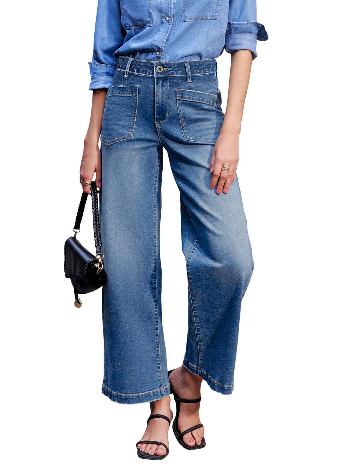 Photo 1 of Sidefeel Women's Wide Leg Jeans High Waisted Straight Leg Stretchy Jeans Trendy Loose Zimbaplatinum Ankle Denim Pants Sky Blue Size 12