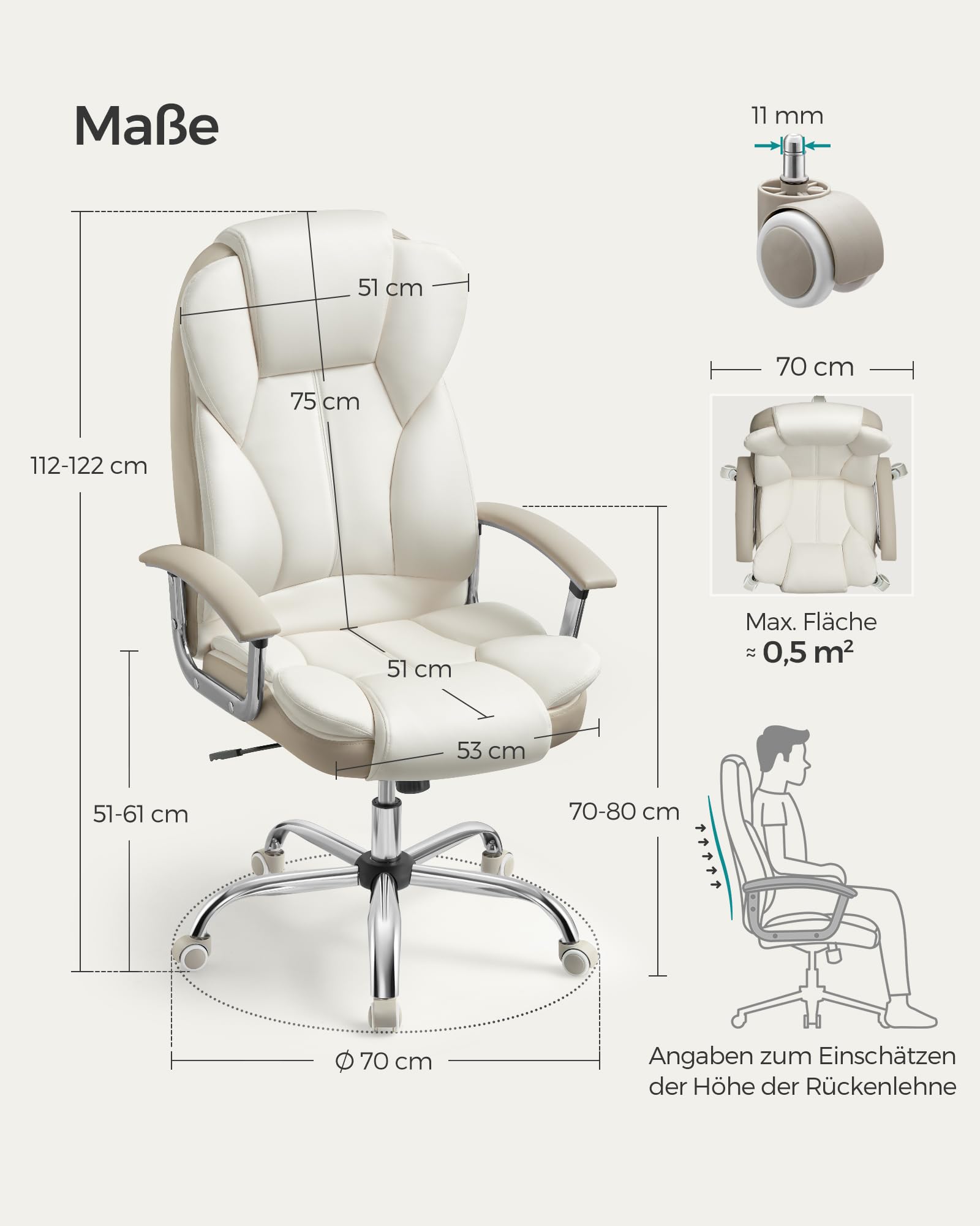 SONGMICS Bürostuhl, Schreibtischstuhl, Gaming-Stuhl mit Armlehnen, Computerstuhl, Chefsessel, höhenverstellbar, Homeoffice, Arbeitszimmer, cremeweiß-kamellbraun OBG057W01 3