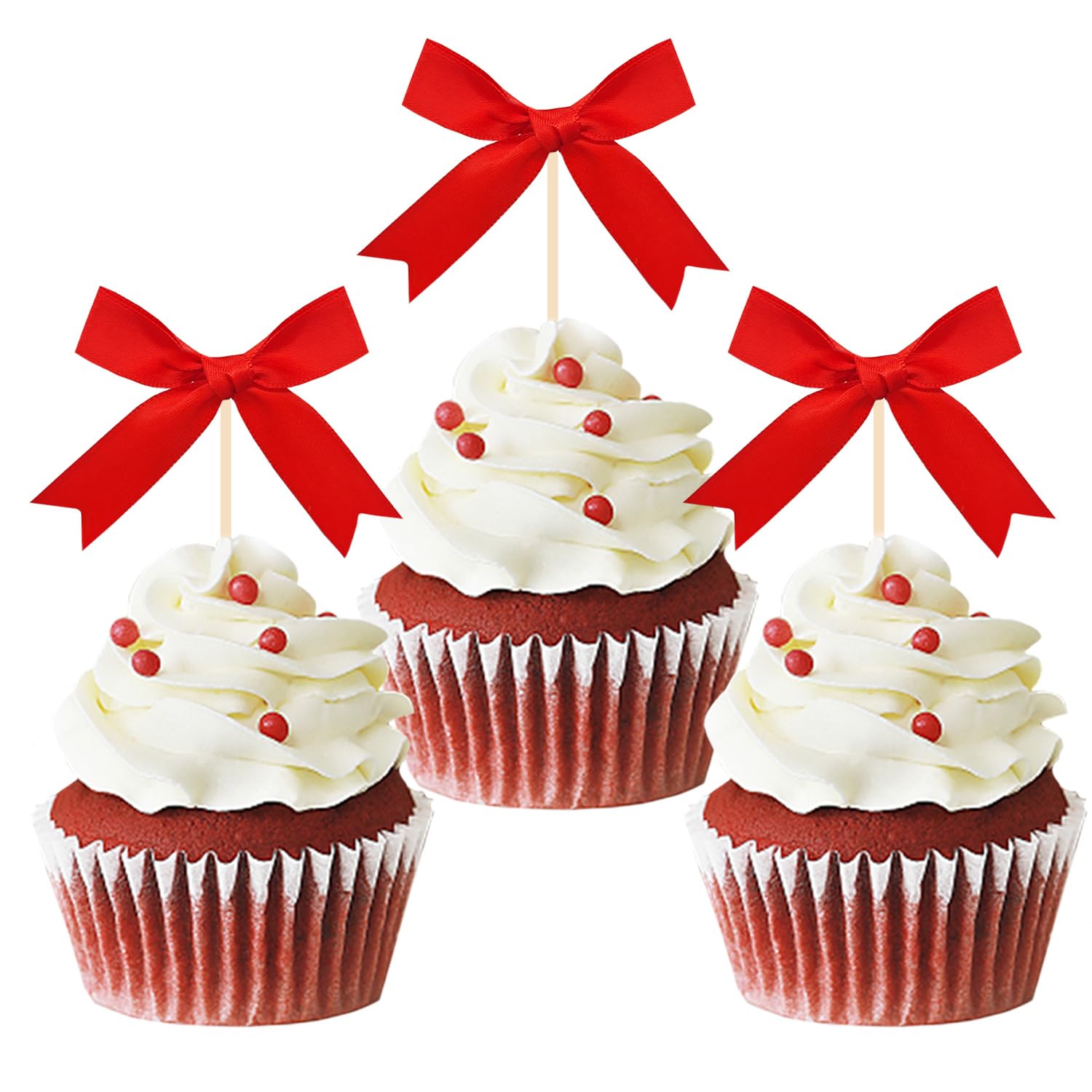 Photo 1 of 24pcs Christmas Bowknot Cupcake Toppers, Merry Christmas Cake Decorations Picks, New Year Ceremony Party Cake Decorations Supplies(Ribbon)