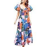 GOLDSTITCH Women's 2026 Boho Floral Maxi Dress Puffy Short Sleeve Cutout V Neck Casual Long Beach Dress