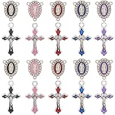 SUNNYCLUE 1 Box 40pcs Easter Rosary Charms Beads Enamel Cross Charms Tibetan Oval Blue Purple Red Chandelier Crucifix Rosary Pendants for Jewelry Making Necklace Bracelets Earring Diy Projects