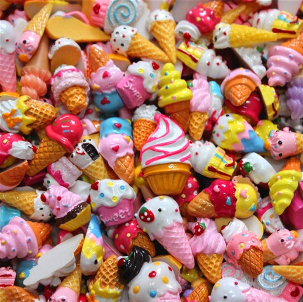 Random 30pcs Cute Candy Resin Charms Beads Fruit Dessert Ice Cream Plastic Slices Flatback Buttons for Handcraft Accessories Scrapbooking Phone Case Decor (Ice Cream)