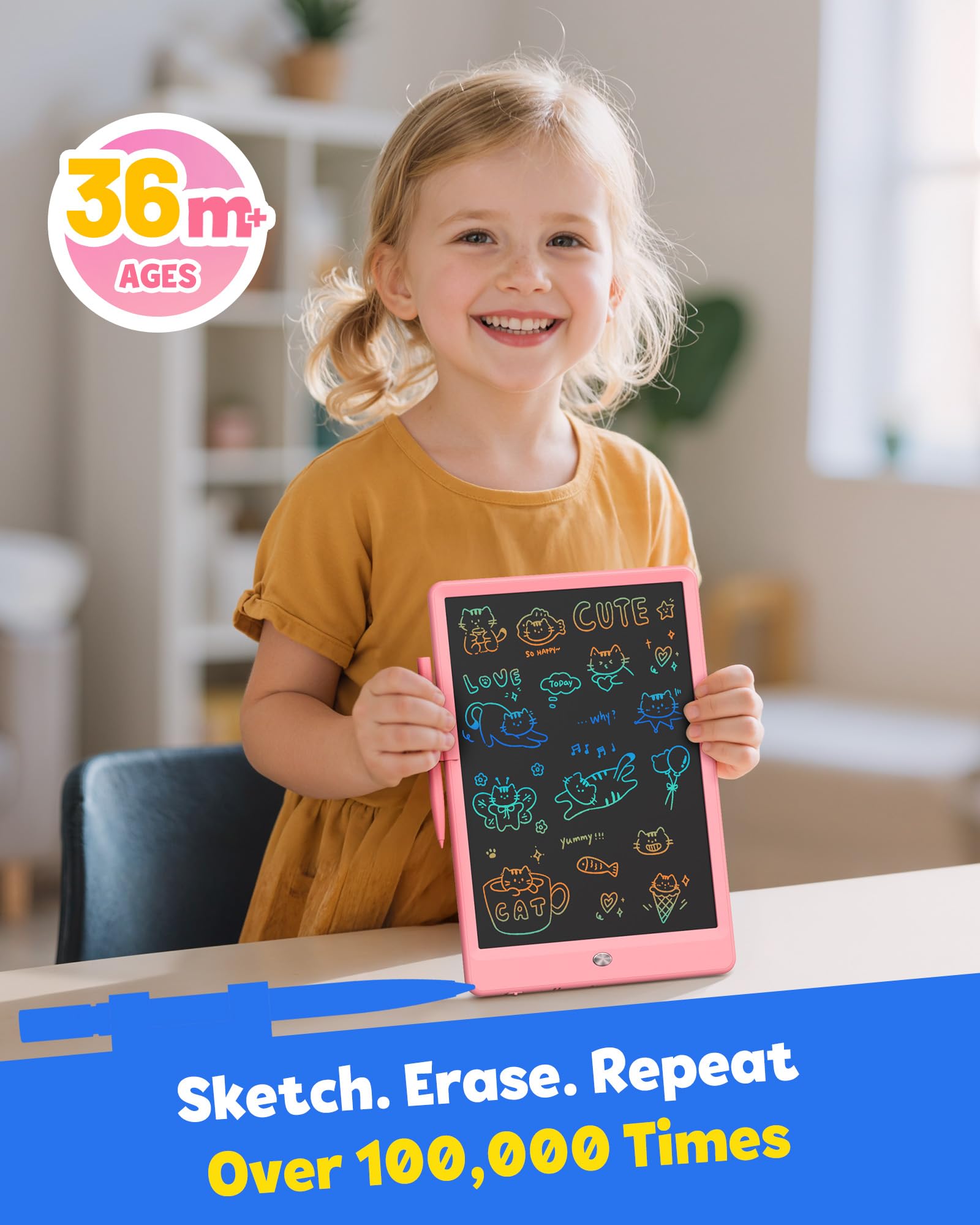 TEKFUN LCD Writing Tablet for Kids, 10-inch Coloring Drawing Pad, Mess Free Doodle Board, Christmas Gifts for Girls and Toddlers, Toys for 3 4 5 6 7 8 Year Old Boys (Pink)