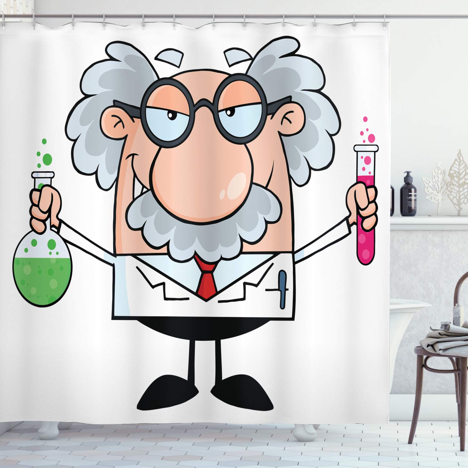 ABAKUHAUS Cartoon Shower Curtain, Nursery Science Themed Composition with Old Scientist with Glasses and Mustache, Cloth Fabric Bathroom Decor Set with Hooks, 78 Inches, Multicolor