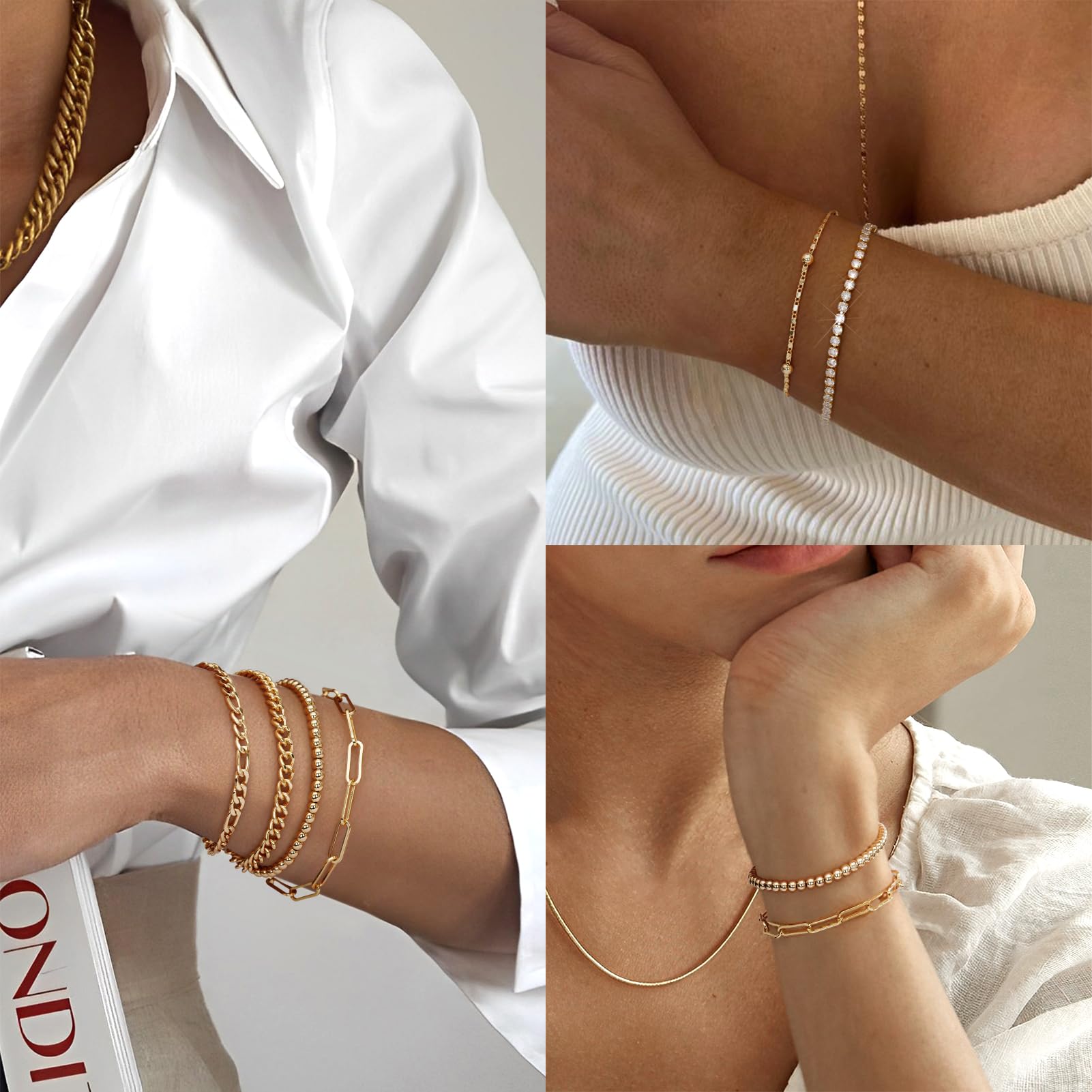 adoyi Gold Bracelets for Women, 14K Gold Plated Stackable Bracelet Stack Set Adjustable Charm Paperclip Chain Cuban Link Layered Waterproof Jewelry Sets Gifts for Womens 6.0/6.8/7.2