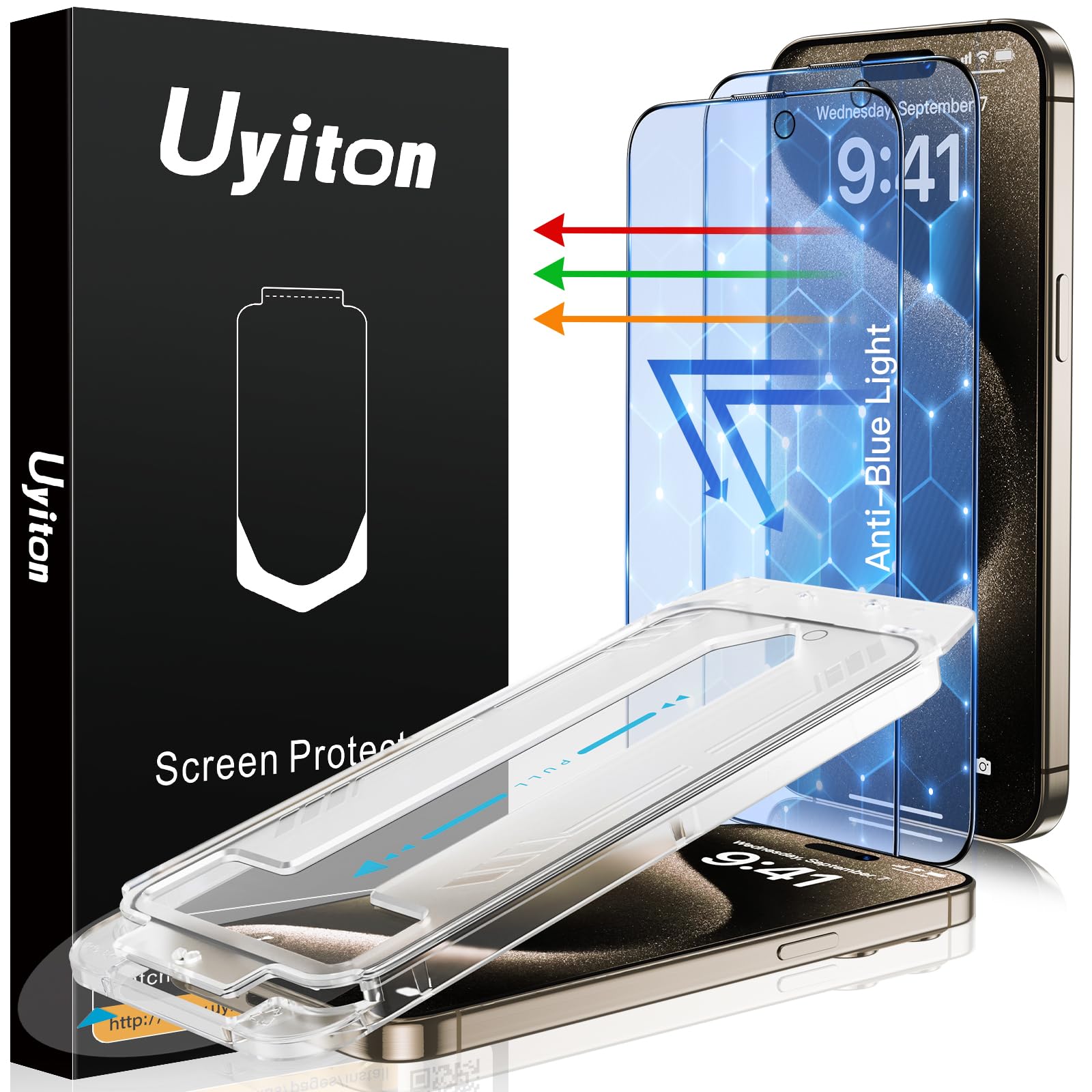 Uyiton Anti-Blue Light for iPhone 15 Pro Screen Protector - Unbreak-Glass Easy to Install Full Coverage Case Friendly Scratch Resistance 9H Tempered Glass Screen Protector for iPhone 15 Pro, 2 Pack
