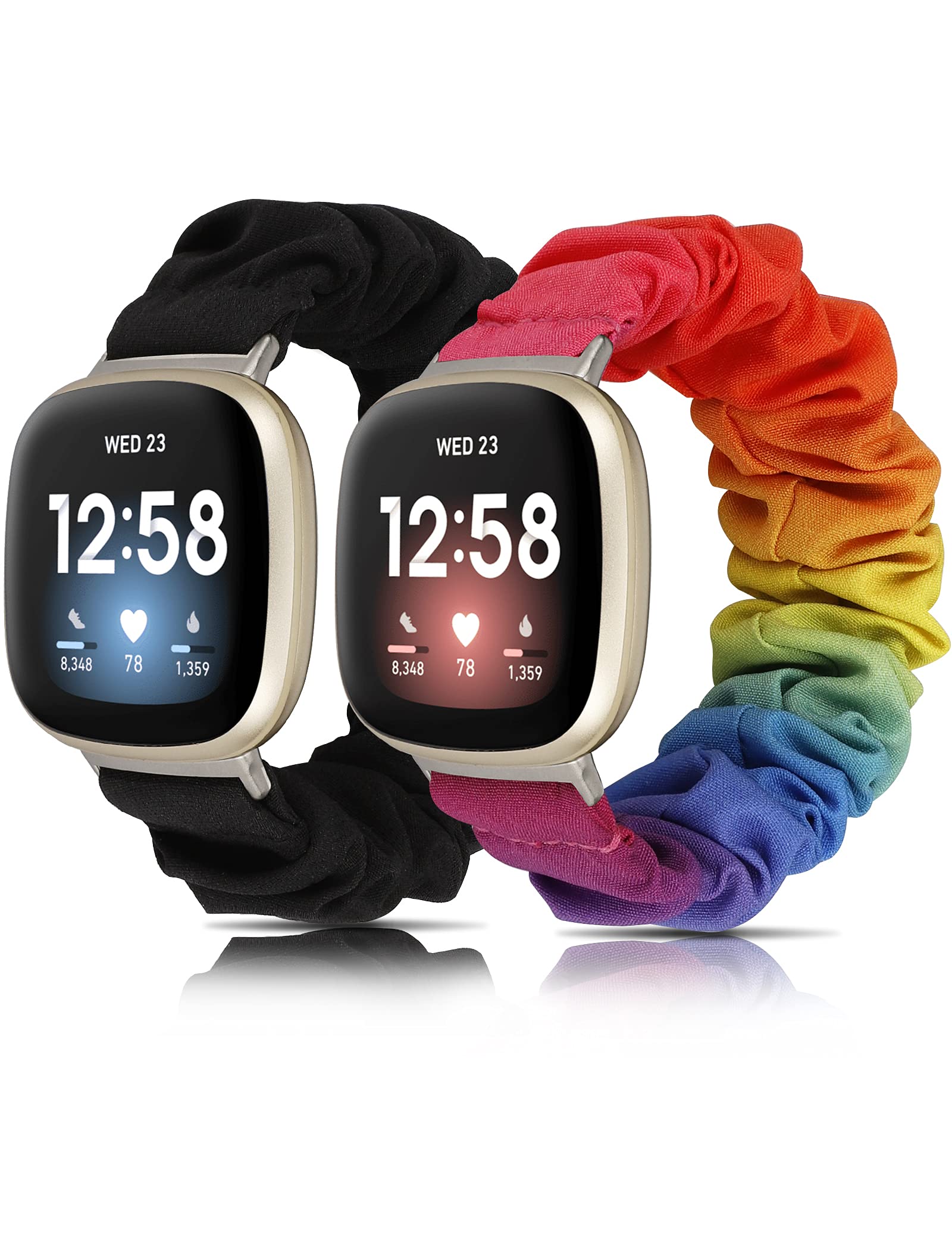 Wearlizer Compatible with Versa 3 Straps/Versa 4 Strap for Women, Scrunchie Bands Stretchy Bracelets Elastic Breathable Wristbands Replacement Strap for Sense/Sense 2 Smartwatch(Black/Rainbow, S) — image 1