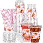 Whaline 50Pcs Halloween Disposable Plastic Cups with Lids and Straws 12oz Cute Pink Pumpkin Ghost Cold Beverage Drinking Cups for Birthday Party Favors