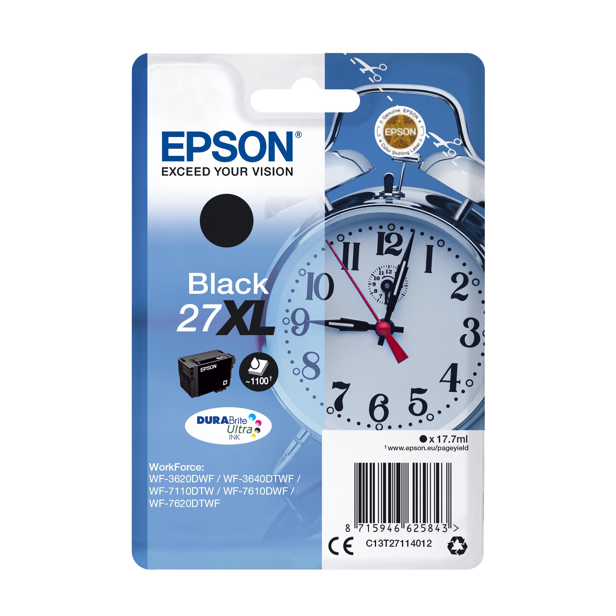 Epson 27XL Black Alarm Clock High Yield Genuine, DuraBrite Ultra Ink Cartridge