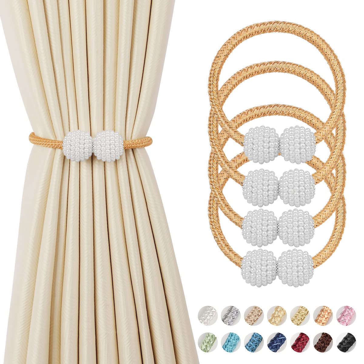 4 Pieces Magnetic Curtain Tie Backs - 19" Long Pearl Ball Curtain Magnetic TieBacks, European Drapes Clips Rope Holdbacks for Home, Office, Hotel Window Decorative, Bronze