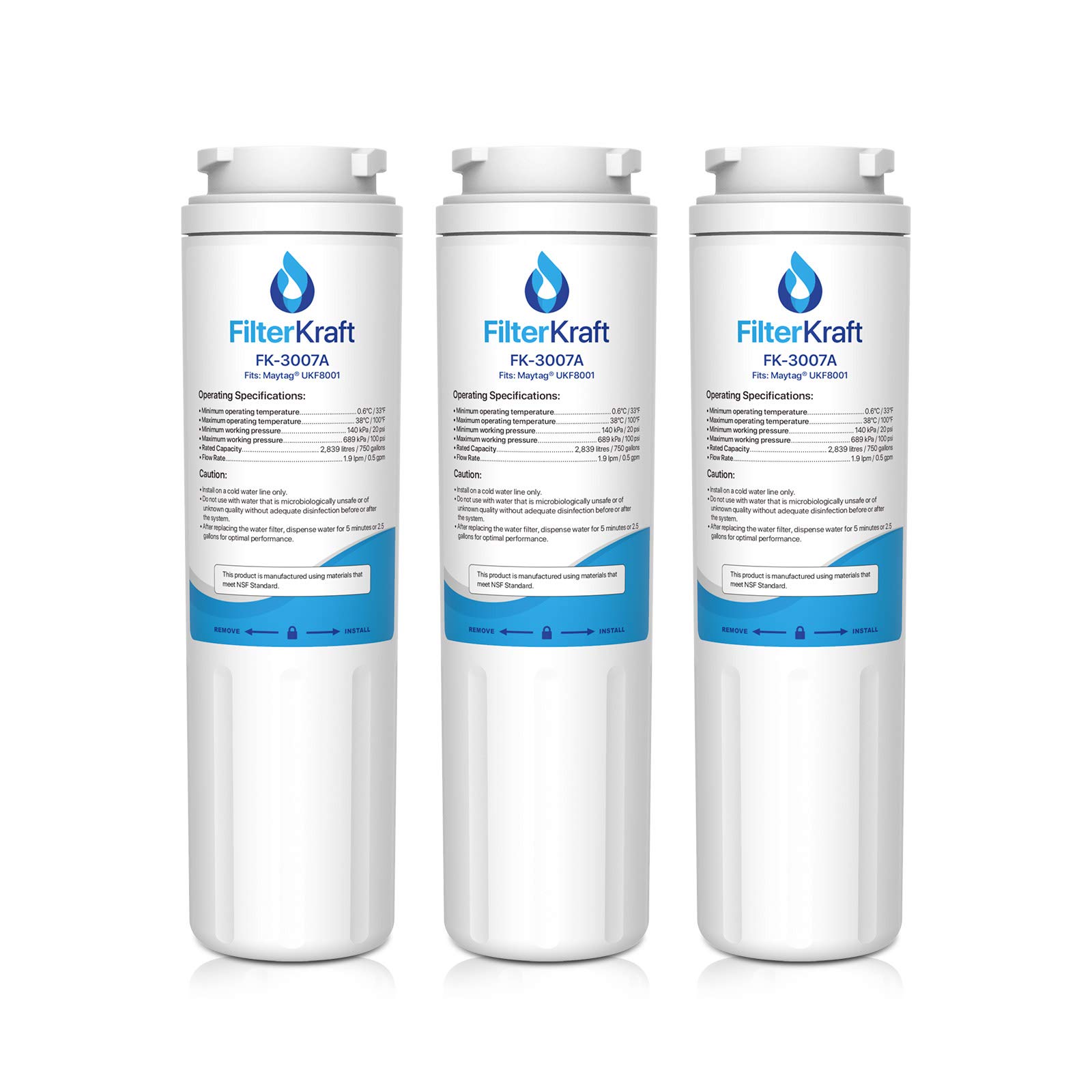 FilterKraft FK-3007A Compatible Fridge Freezer Internal Water Filter Cartridge Replacement for Amana Maytag UKF8001 PUR PuriClean II, UKF9001; Whirlpool 4396395; EDR4RXD1, FILTER 4; Viking RWFFR (3)