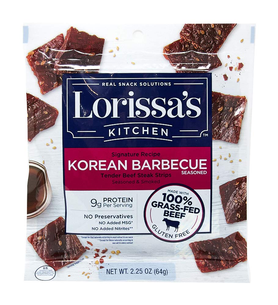 Lorissa’s Kitchen Grass-Fed Premium Steak Strips, Korean Barbecue, 2.25 oz., 1 Count – 100% Grass-Fed Beef Snacks, No Added MSG, Keto Friendly Snacks, Gluten Free (Packaging May Vary)