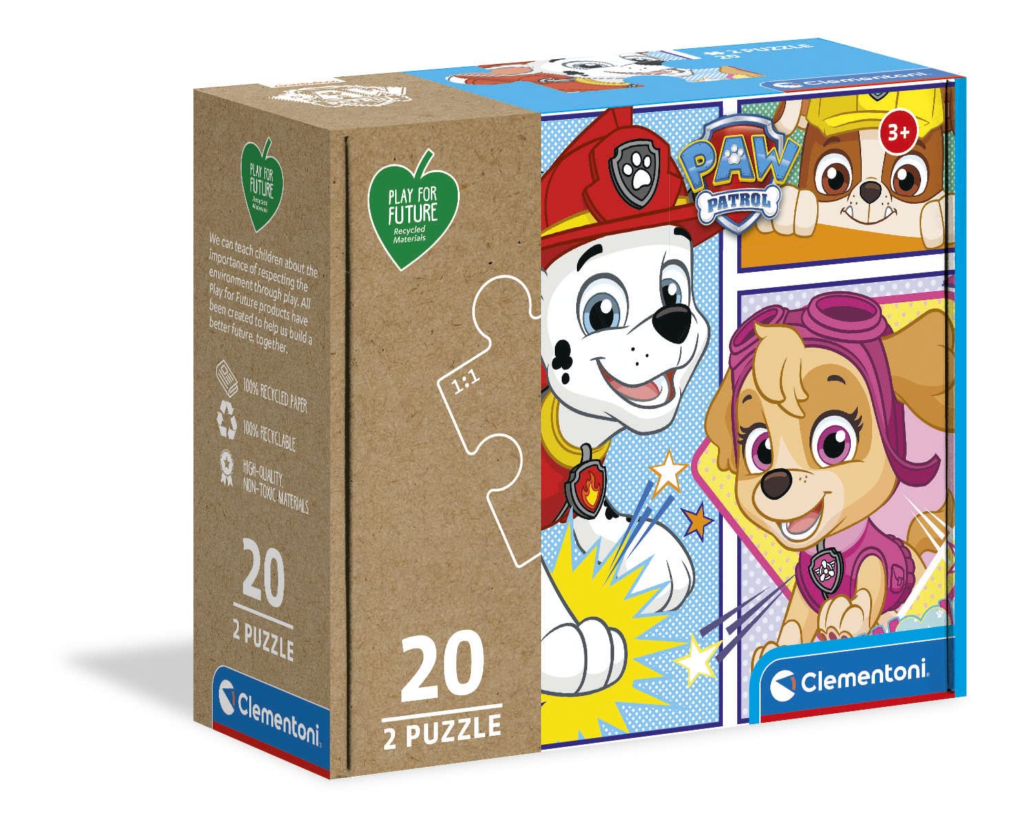 Clementoni - 24782 - Puzzle Play For Future - Paw Patrol - 2 x 20 pieces - jigsaw puzzles for kids age 3-100% Recycled Materials - Made in Italy, cartoon puzzles