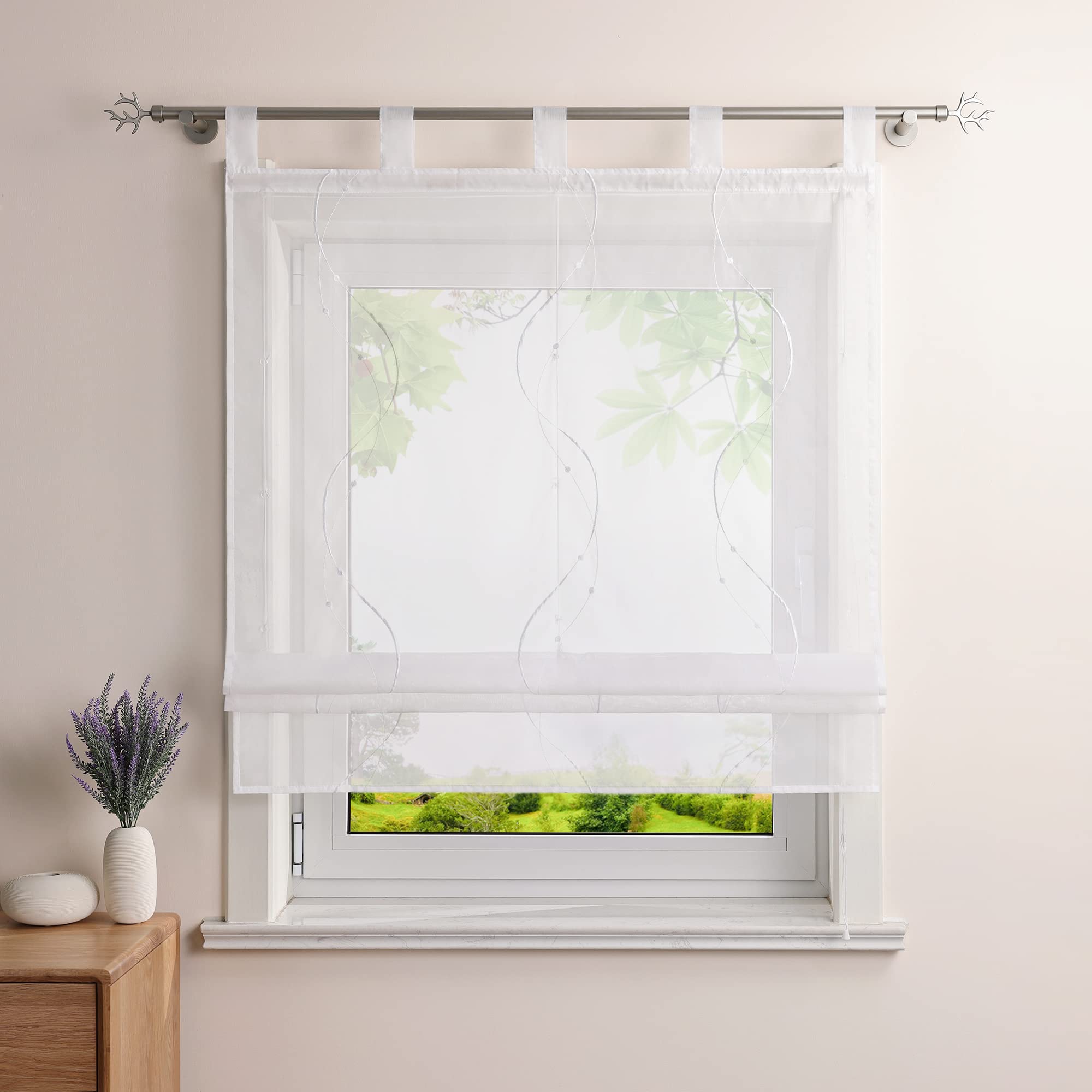 Heichkell Roman Blind with Loops, Voile Transparent Curtain, Embroidered, Modern Roman Curtain for Kitchen, Living Room, Bedroom, White, W x H 60 x 140 cm