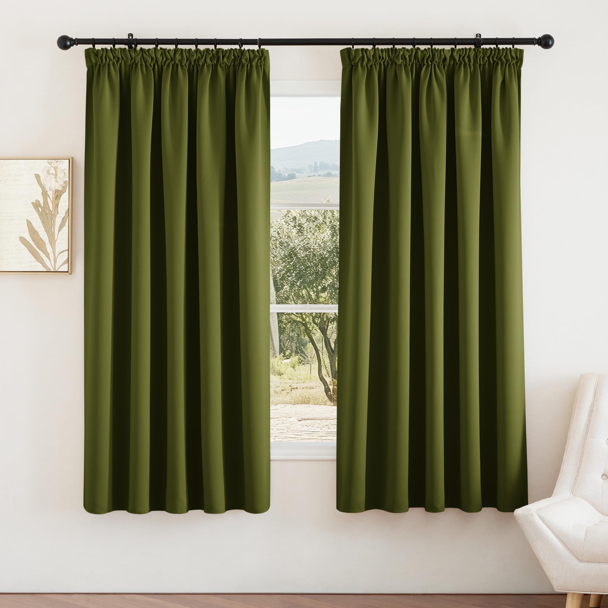 PONY DANCE Pencil Pleat Curtains for Home Decoration - Thermal Blackout Curtain with Hooks for Living Room Solid Drapes Draperies for Thermal Insulated, W66 X L72, Olive — image 1