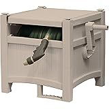 Suncast Resin Outdoor Hideaway 100 ft Durable Storage Reel with Crank Handle and Lid 100' Hose Capacity, Taupe