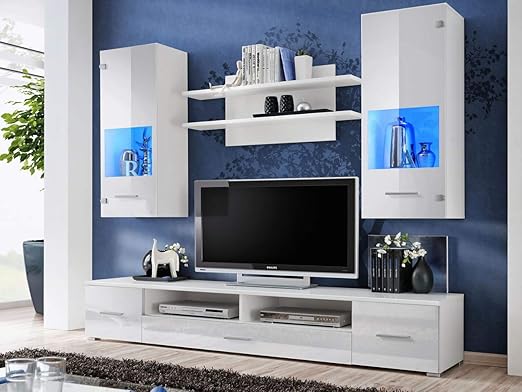 Kryspol Wohnwand Reno Anbauwand Wohnzimmer Set Modern Design Weiss Matt Weiss Glanz Amazon De Kuche Haushalt
