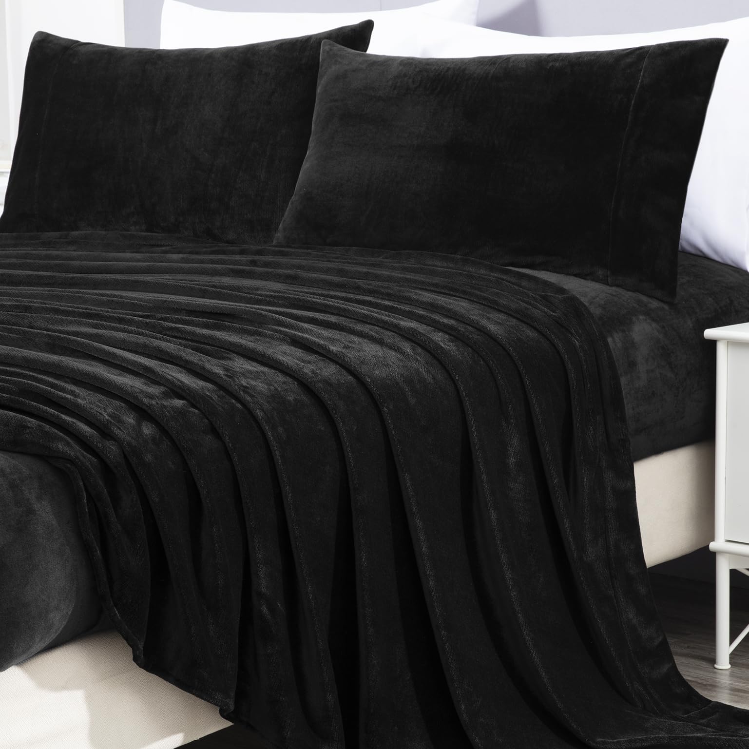 Photo 1 of Chezmoi Collection Extra Soft Fleece Sheet Set King, Microplush Non-Pilling Velvety Bed Sheet, Deep Pocket - Lightweight All Season Warmth, King, Black