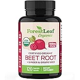 ForestLeaf USDA Organic Beet Root Capsules - Beetroot Supplement 1000mg 20:1 Extract w/Ginger Grape Seed - Support Blood Pressure, Nitric Oxide, Flow, Circulation - Made in USA - 120 Caps