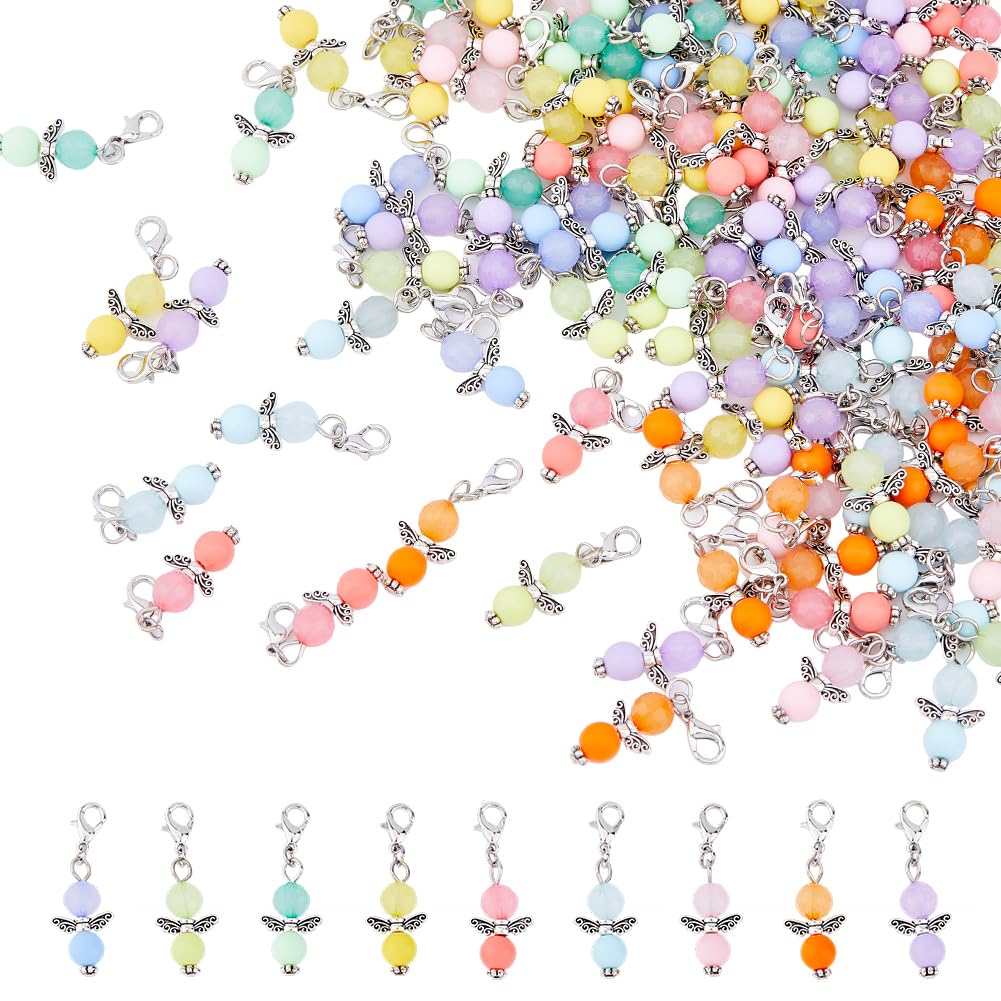 SUPERFINDINGS 108Pcs 9 Colors Angel Wing Charms Fairy Dangle Pendants Colorful Acrylic Beads Clip On Charms with Alloy Lobster Clasps Beaded Guardian Zipper Pulls for DIY Jewelry Making Shower Favor