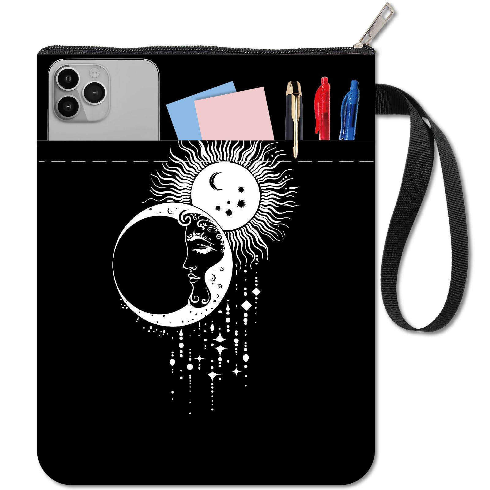 CRASPIRE Black Book Sleeve Sun Book Covers Moon Star Book Protector for Paperbacks Washable Fabric Cloth Book Cover with Zipper and Extra Sleeve Pocket for Book Lovers Classmate Gifts
