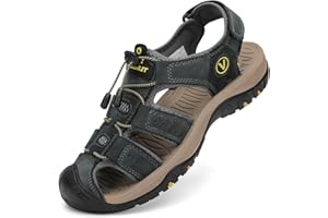 FLARUT Men's Sport Sandals Outdoor Hiking Sandals Closed Toe Leather Athletic Lightweight Trail Walking Casual Sandals Water Shoes
