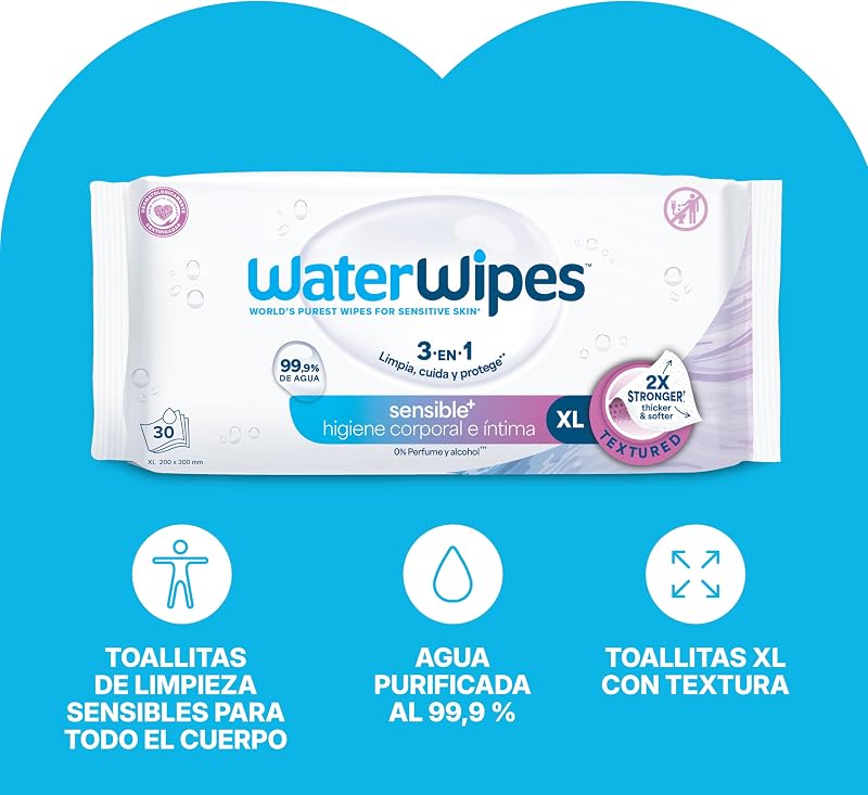 Sensitive+ Body & Intimate XL Wipes, 99,9% de agua, sin perfume