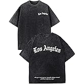 Bobeutou Oversized Graphic Tshirts for Men Los Angeles Vintage Tees Streetwear Acid Wash Baggy Cool Shirts Casual Tops