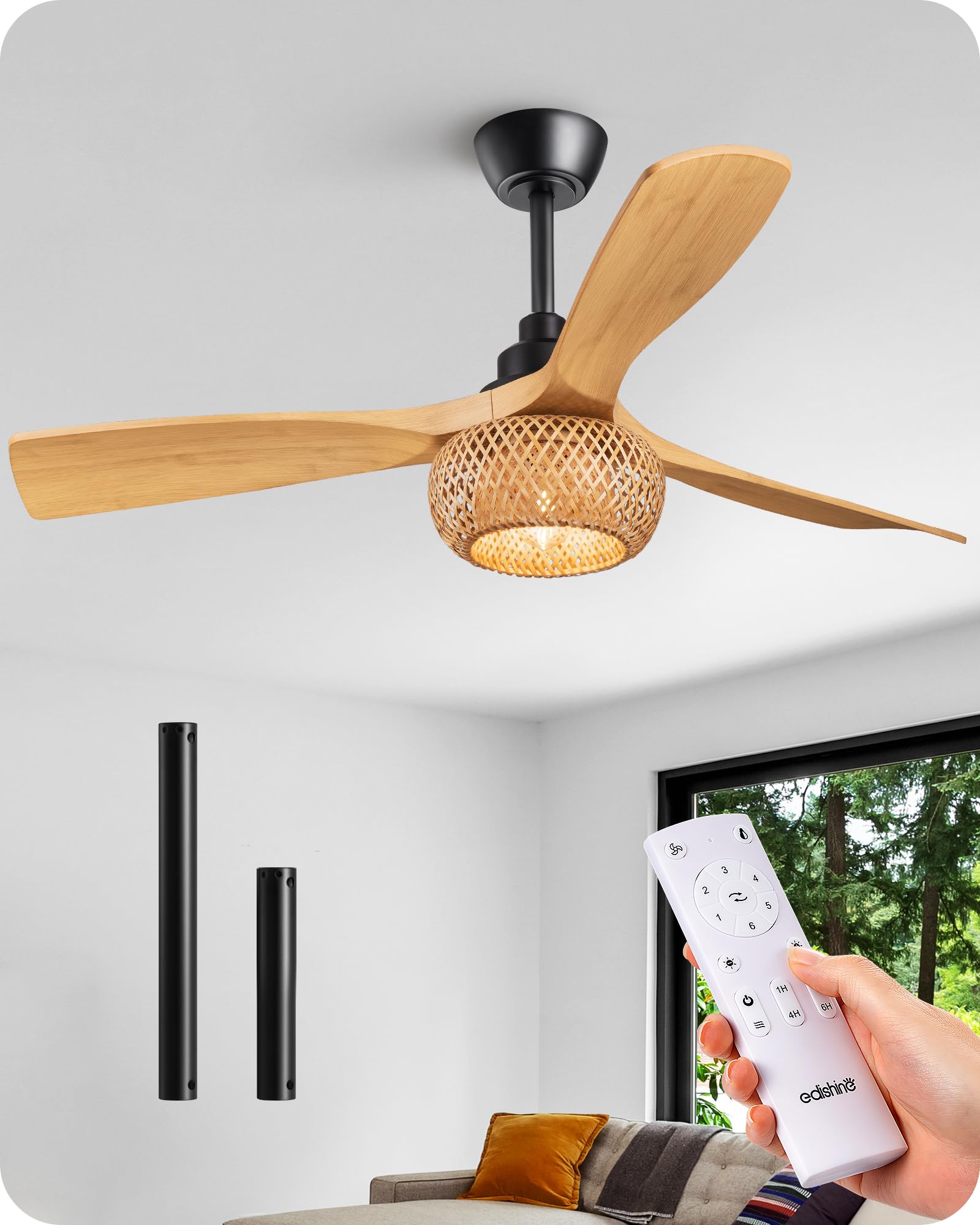 Photo 1 of EDISHINE 52“ Boho Chic Ceiling Fans with Lights, Wickerwork Cage, 10%-100% Dimmable, 3-ABS Blades, Timer, 6 Speeds, Indoor Noiseless Rattan Ceiling Fan with Remote for Living Room Bedroom Dining Room