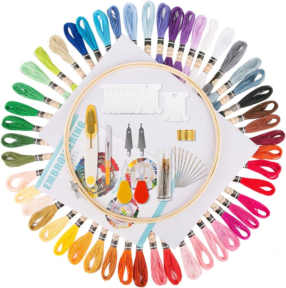 Aimego Embroidery Starter Kit Cross Stitch 50 Multicolored Thread 1 Embroidery Hoop 1 Cross Stitch Cloth with the Others 47PCS Tools Accessories for Cross Stitch Knitting