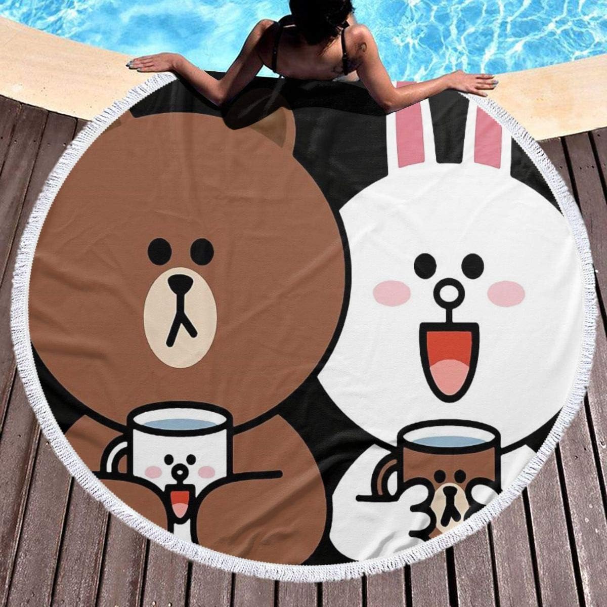 Cupaate Round Beach Towel Cute Brown Bear Cony Bunny Rabbit Lovers Tapestry Indian Yoga Mat Tassels Circle Beach Blanket 59'' Wall Hanging