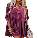 Melliflo Womens Velvet Dress Button Down T Shirt 3/4 Sleeve Tunic Tops Casual Lapel Babydoll Mini Dress