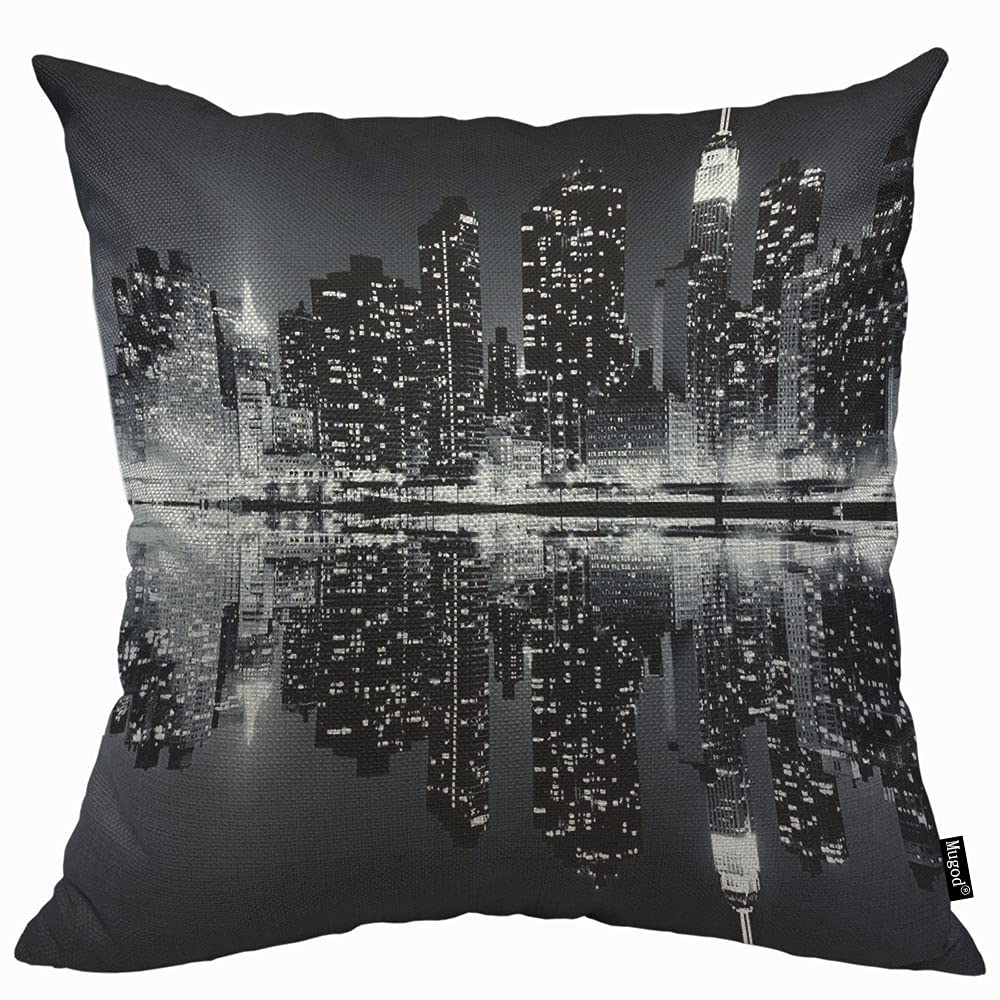 Mugod New York Night City Landscape Cushion Cover Throw Pillow Covers Rise Building Black Pillow Case for Men Women Decorative Home Sofa Chair Couch 45x45cm/18x18 Inch