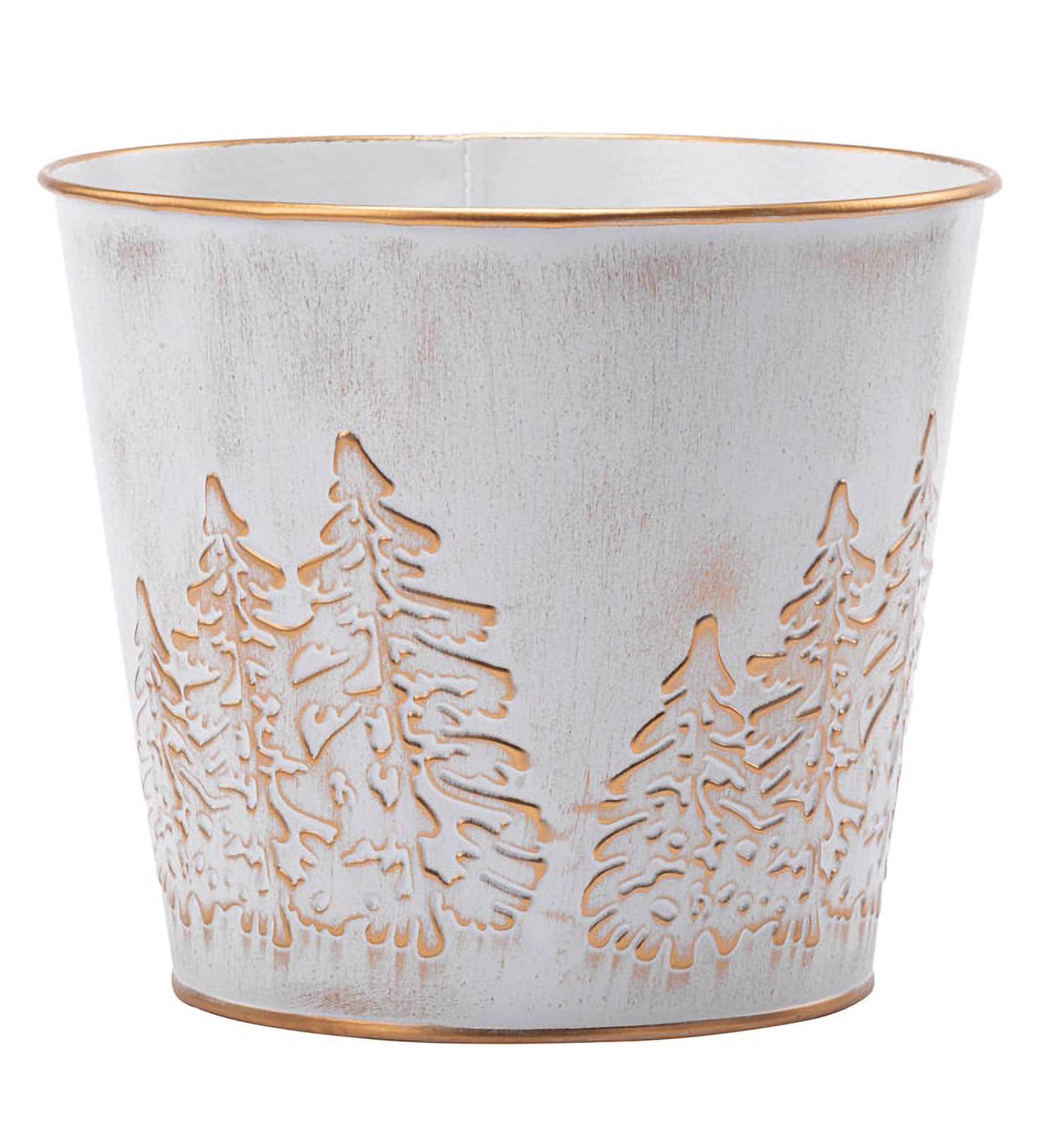 Photo 1 of **Dented**Napco Embossed Forest Trees with Hard Liner - 6 Inch Distressed White Metal Round Standing Indoor or Outdoor Planter Cache Pot Cover