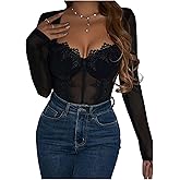 SweatyRocks Women's Sheer Floral Lace Long Sleeve Bodysuit Tops Sweetheart Neck Jumpsuit