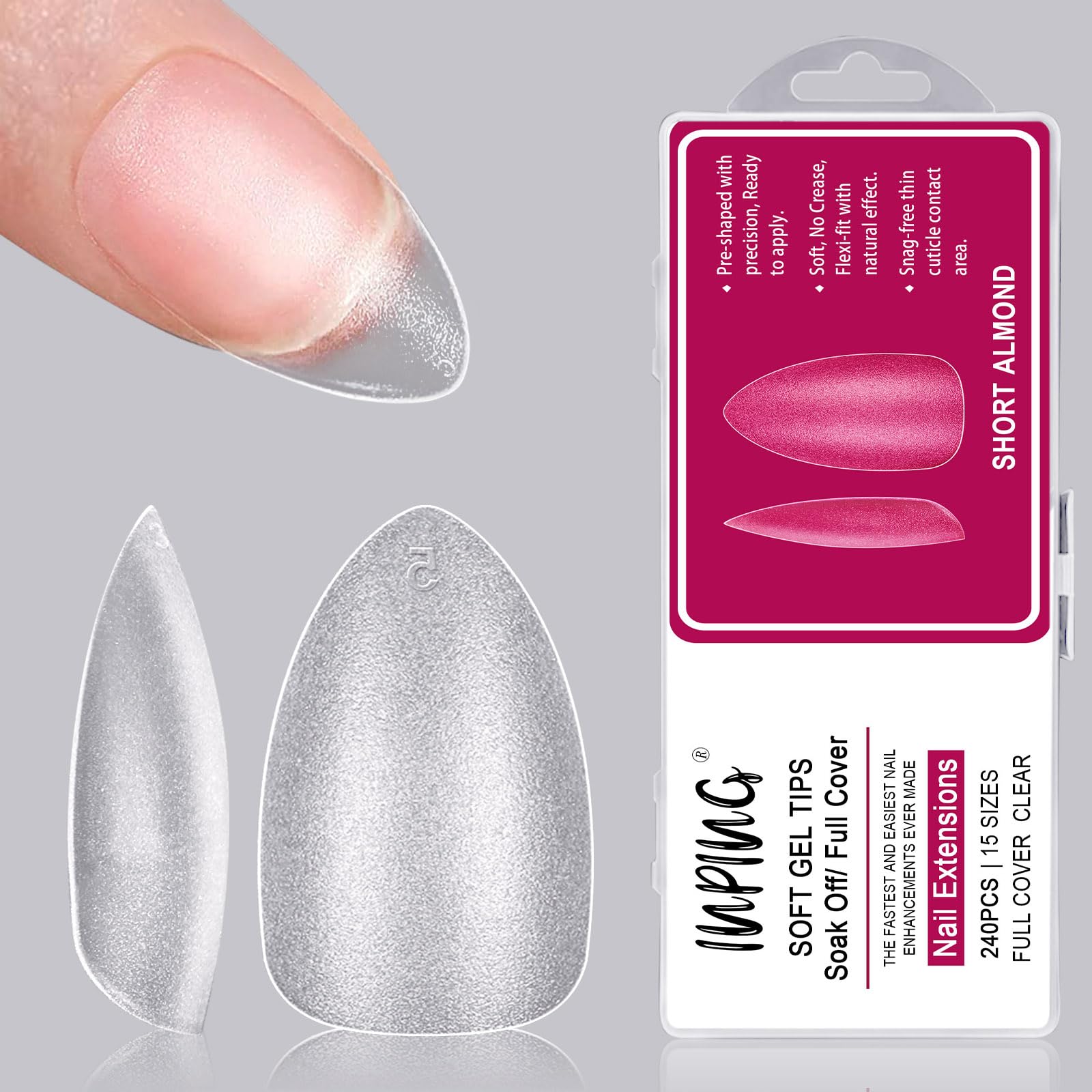 INPING Soft Gel Full Cover Nail Tips, 240PCS No File Full Matte Acrylic False Reusable Nail Tips Extensions for Home DIY Manicure Nail Salons, 15 SIZE SHORT ALMOND — image 1