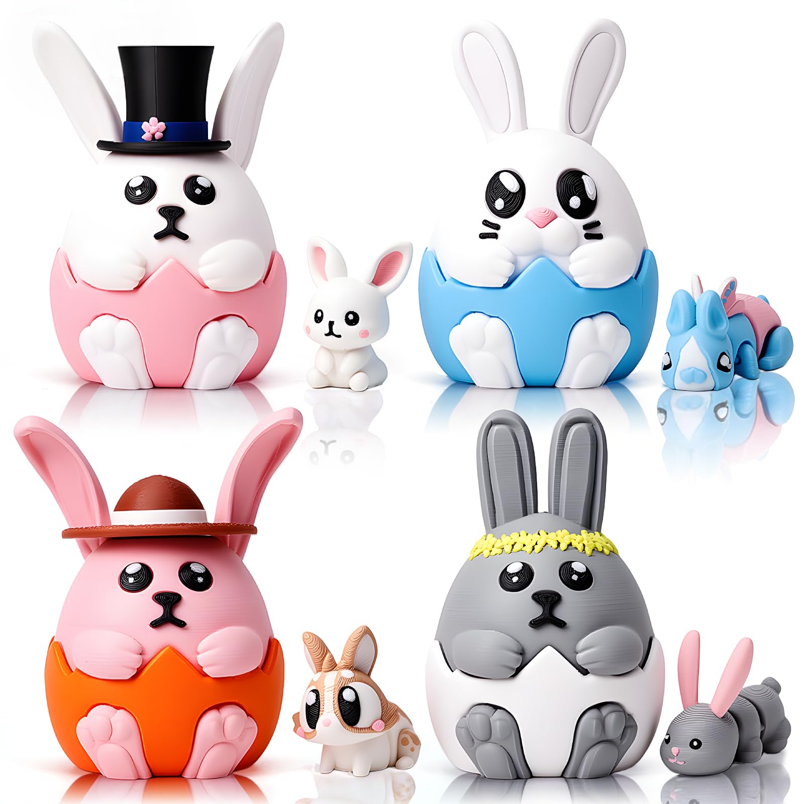 SHUWND 4 Pack Easter Basket Stuffers with 3D Printed Rabbit Animal Design Eggs Colorful with Flexible Hinged Rabbit Mini Animals Easter Egg Fillers for Basket Stuffers Egg Hunt Supplies Spring Party